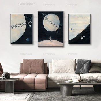 Ruumi Plakat Kuu Universum Planeet Astronaut Lõuendile Maali Nordic Must Valge Seina Art Pilte Kaasaegne Elutuba Home Decor