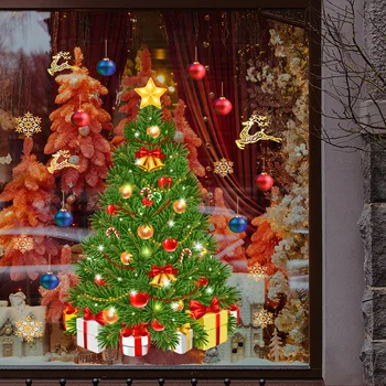 Cartoon Christmas Akna Kleebised Xmas Tree Lumehelves Klaas Decal jõulukaunistused Kodu 2024 Uus Aasta
