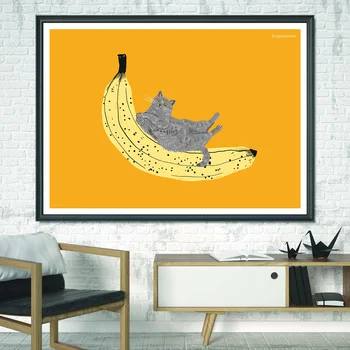 Naljakas Kass Plakat Banaan Lõuend Seina Maali Kunst Pildi Põhjamaade Loomi ja Vilja Prindib Kaasaegne Köök Home Decor Frameless