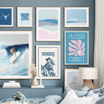 Sinine Ja Roosa Plakatid Ranniku Lained Tüdruk Surf Flower Market Galerii Seina Art Lõuend Maali Prindib Elutuba Home Decor