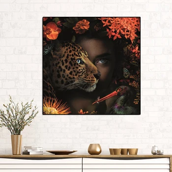 Troopiline Taim Naiste Lill Loomade Plakat ja Print Retro Võetud Art Joonis Lõvi Lill Leopard Paabulind Lõuendile Maali