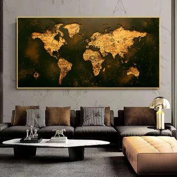 Must Kuld Maailma Kaart Abstraktse Pildi Lõuendile Maali Vintage Plakat Pildid Seina Art Pilte Kaasaegse Kodu Kaunistamiseks Cuadros
