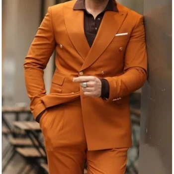 Eritellimusel tehtud Topelt Karavan Tipp Rinnamikrofon Korter Orange Meeste Ülikond Regulaarne Pikkus Elegantne Täielik Komplekt Smart Casual 2 Kootud Jakk, Püksid