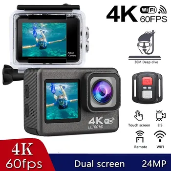 Action Kaamera 4K 60FPS 24MP 2.0 Touch LCD EIS Dual Ekraan, Wi-Fi 170D 30m Veekindel pult 4X Zoom Go Sport Pro Cam