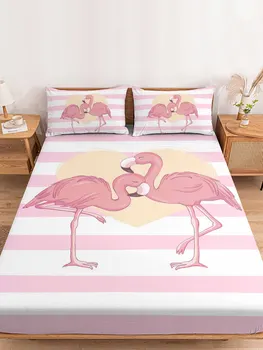 Roosa Triibuline Flamingo Queen Size Voodi Madrats Paigaldatud leht Elastse kummipaelaga Non-slip Voodi Lehel Padjapüür Komplekt