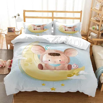 Cute cartoon hiirt, print voodi, kolme osaline komplekt lastele, Pehme ja mugav King size voodipesu komplekt Trööstija voodipesu komplektid