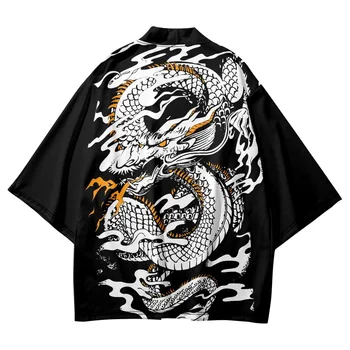 Jaapani Peace Dragon Trükitud Musta Streetwear Suvel Vabaaja Jaapani Kimono Beach Lühikesed Püksid Yukata Harajuku Cardigan