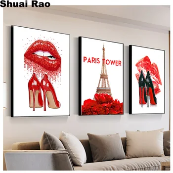 Fashion Girl Punased Huuled Lill 5D DIY Diamond Maali Seina Art Kõrged kontsad rhinestone Maali DIY Mosaiik Pildid 3 tk Pariisi kunsti