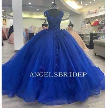 Angelsbridep Royal Blue Quinceanera Kleidid Särava 3D Lilled Profileerimine Pits Appliques Vestidos De 15 Anos Sünnipäeva Kleit