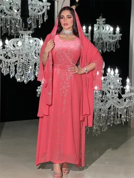 Pikad Varrukad Hijab Pool Kleit Naistele, Moslemi Diamond Abaya Sifonki Maxi Vestidos Maroko seal kaftan Türgi araabia Pikk Rüü 2023