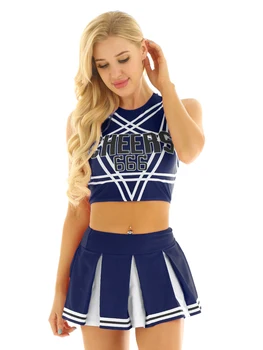 Naiste Täiskasvanud Cheerleading Kostüümid Ühtne Varrukateta Backless Pentagramm Tagasi Crop Top Mini Plisseeritud Seelik Cosplay Dancewear