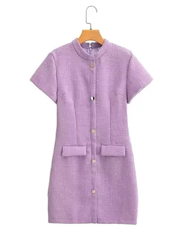 TRAF 2023 Suvel Uus Naiste Mood Esi-Nuppu Tweed Mini Kleit Retro Lühikesed Varrukad Tagasi Lukuga Kleit