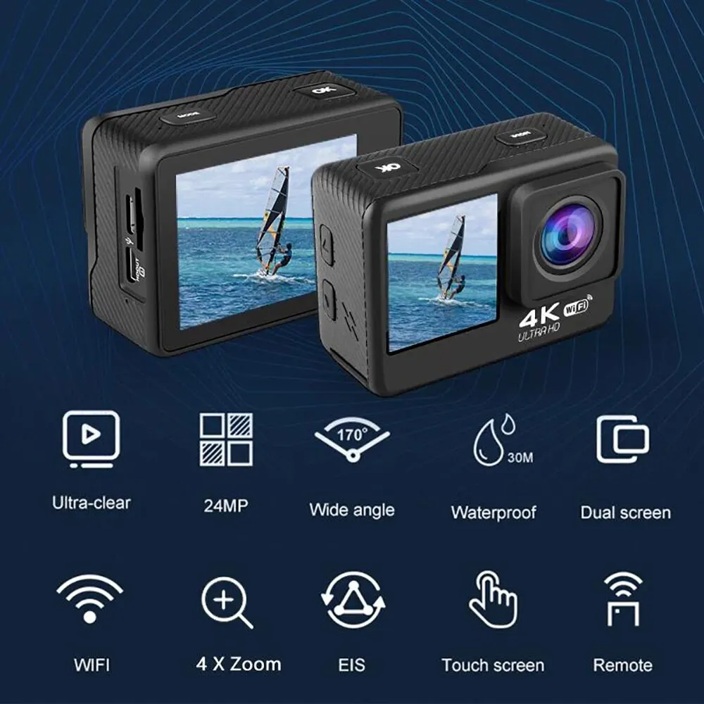 Action Kaamera 4K 60FPS 24MP 2.0 Touch LCD EIS Dual Ekraan, Wi-Fi 170D 30m Veekindel pult 4X Zoom Go Sport Pro Cam . ' - ' . 2