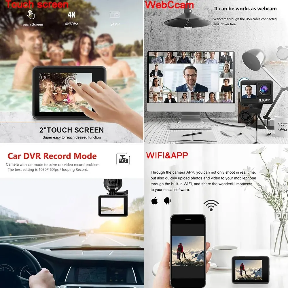 Action Kaamera 4K 60FPS 24MP 2.0 Touch LCD EIS Dual Ekraan, Wi-Fi 170D 30m Veekindel pult 4X Zoom Go Sport Pro Cam . ' - ' . 5