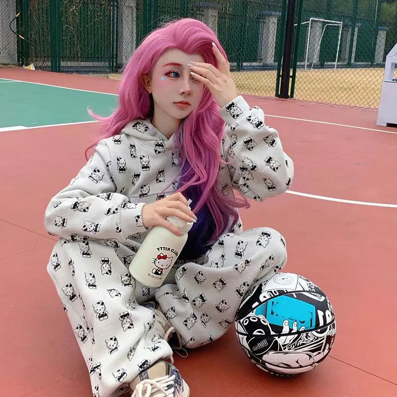 Sanrio Hello Kitty Dressipluus Sweatpants Koomiks Anime Crop Top, Topp Pullover Tüdrukutele Vabaaja Lahti Streetwear Sportwear Komplekt . ' - ' . 2